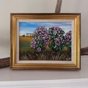 Vintage Impressionist Purple Lilac Landscape Oil Painting Signed Sally Mechels